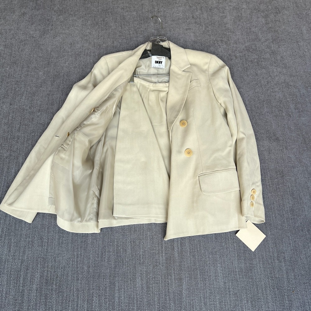 Vtg 90s DKNY Two-Piece Blazer & Skirt Suit Set Womens 2 Beige Double Breasted